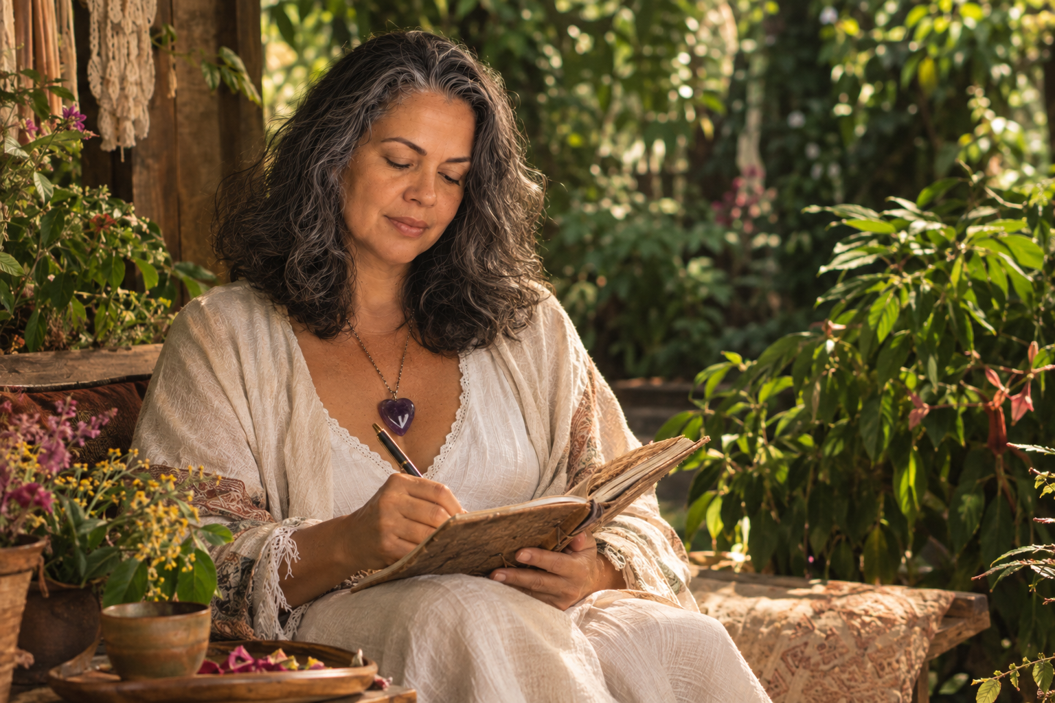 Ana Lúcia escrevendo em seu caderno entre plantas e flores